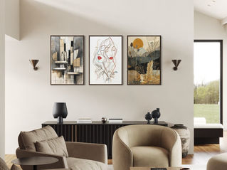 A contemporary living room with a gallery wall featuring three art styles; Bauhaus, Line Art and Boho  