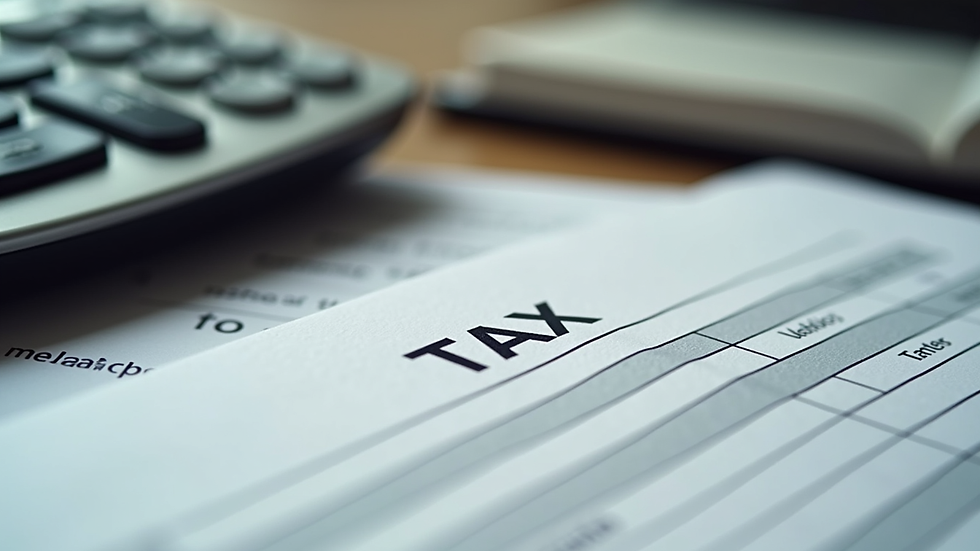 Close-up view of a calculator and tax forms on a desk
