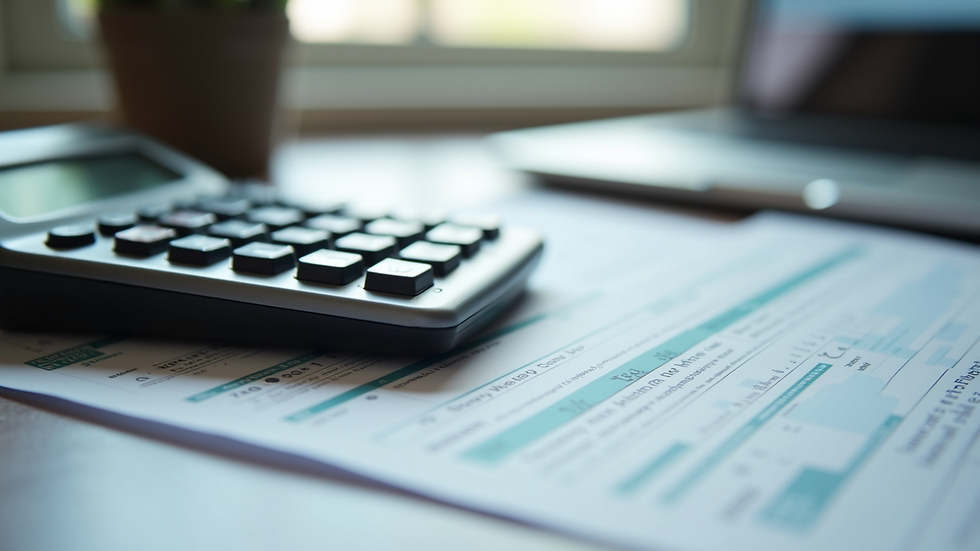 Close-up view of a calculator and tax forms on a desk