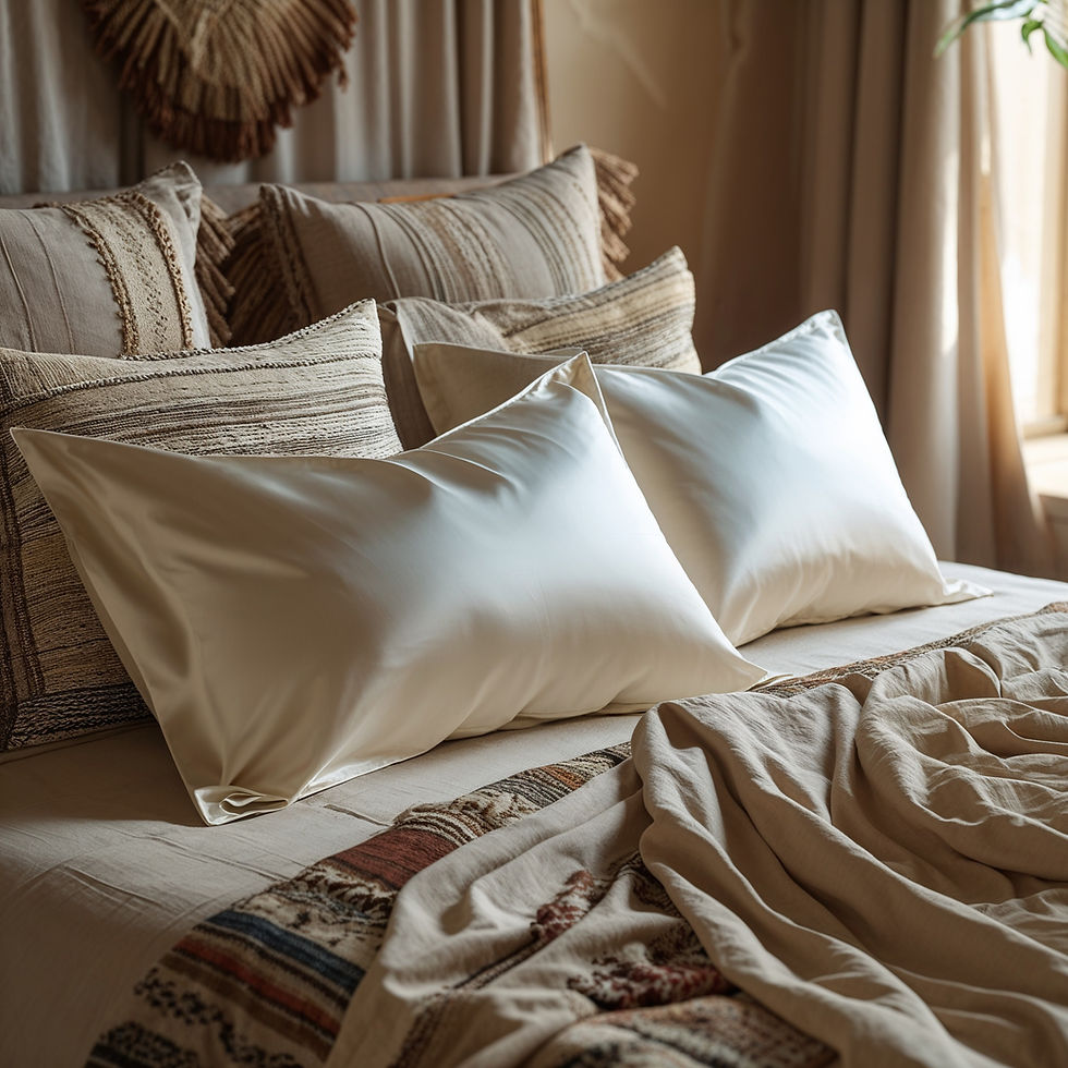 Close-up view of a silk pillowcase on a bed
