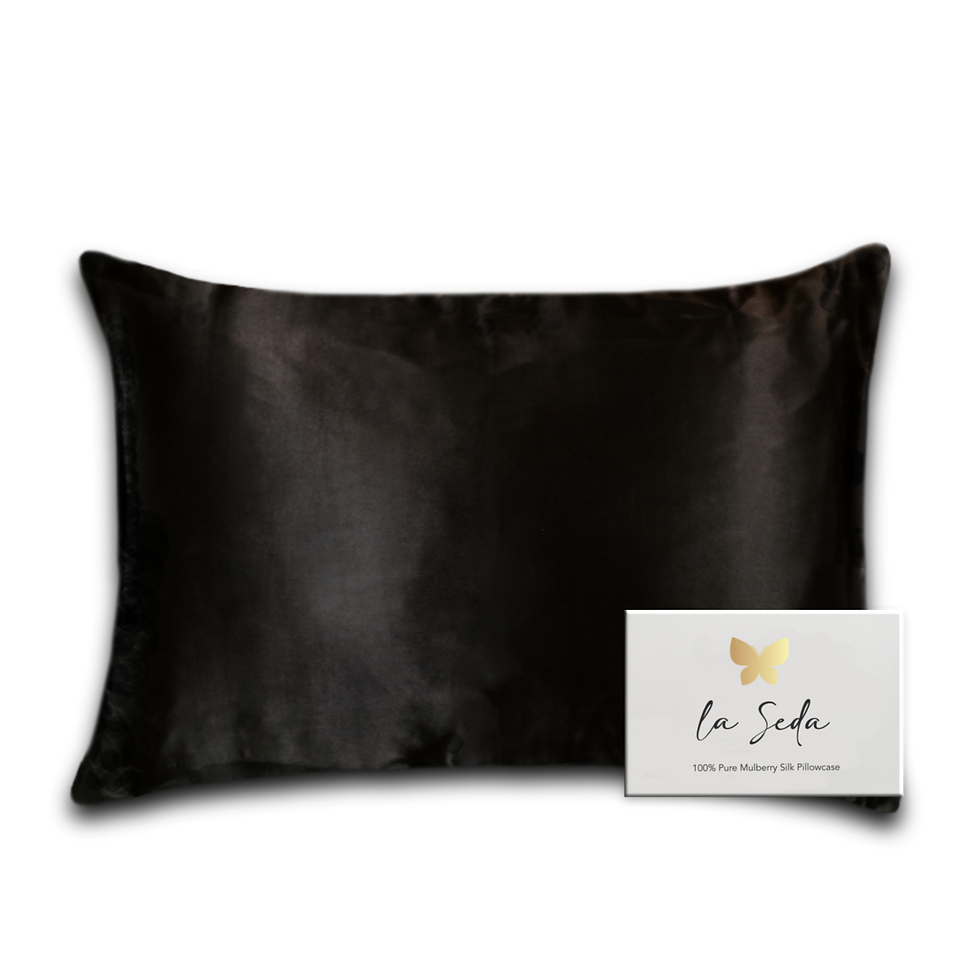 black silk pillowcase with satin feel for hair protection and curly girl styling.