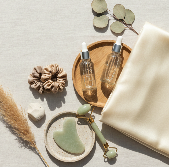 a layout of anti-aging serums and a mulberry silk pillowcase