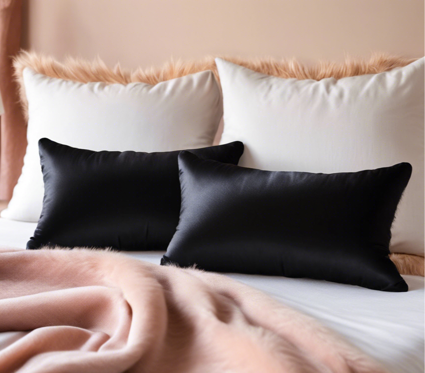 Black mulberry silk pillowcases rest on an elegant bed with comfortable linens