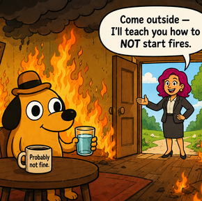 Parody of the "This Is Fine" cartoon dog: a hatted dog sits in a burning room holding a glass of water, a mug reading "Probably not fine" beside it, while a magenta-haired woman in a business suit waves from a sunny open doorway. Her speech bubble says she'll teach it how to NOT start fires.