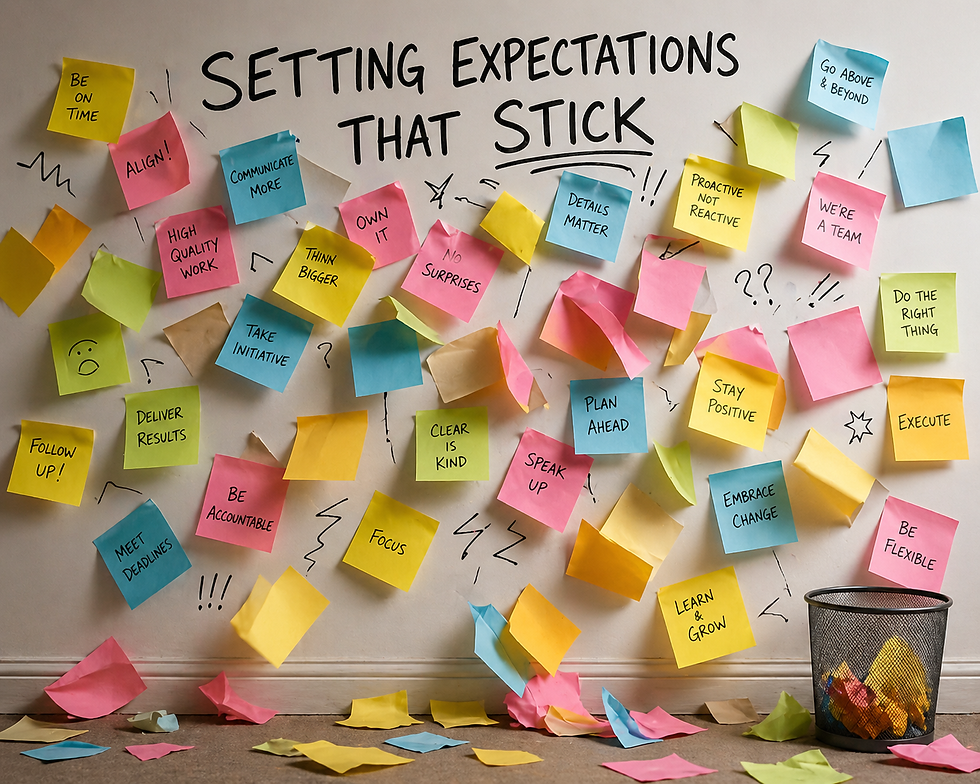 Colorful sticky notes with motivational phrases, like "Be Flexible" and "Plan Ahead," cover a wall, but they are messy and falling off. A trash bin is filled with discarded notes.