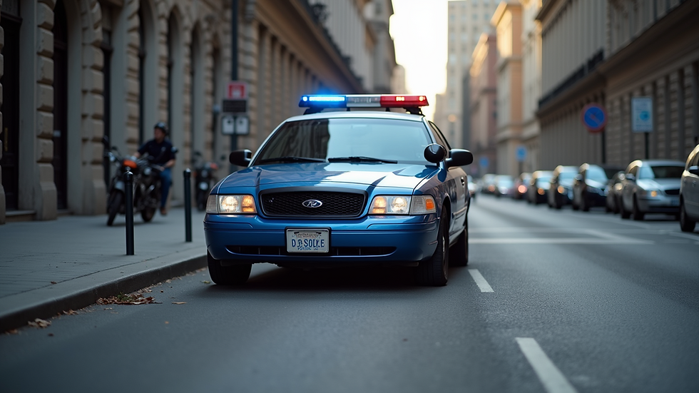 Eye-level view of a police car parked on a city street
