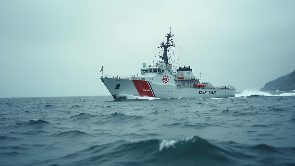 Eye-level view of a Coast Guard vessel patrolling the coastline