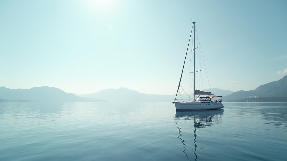 Wide angle view of a yacht anchored in calm waters