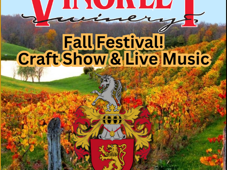 Vineyard scene with vibrant fall colors. Text: "Vinoklet Winery Fall Festival! Craft Show & Live Music" with decorative crest. October 4, 2025