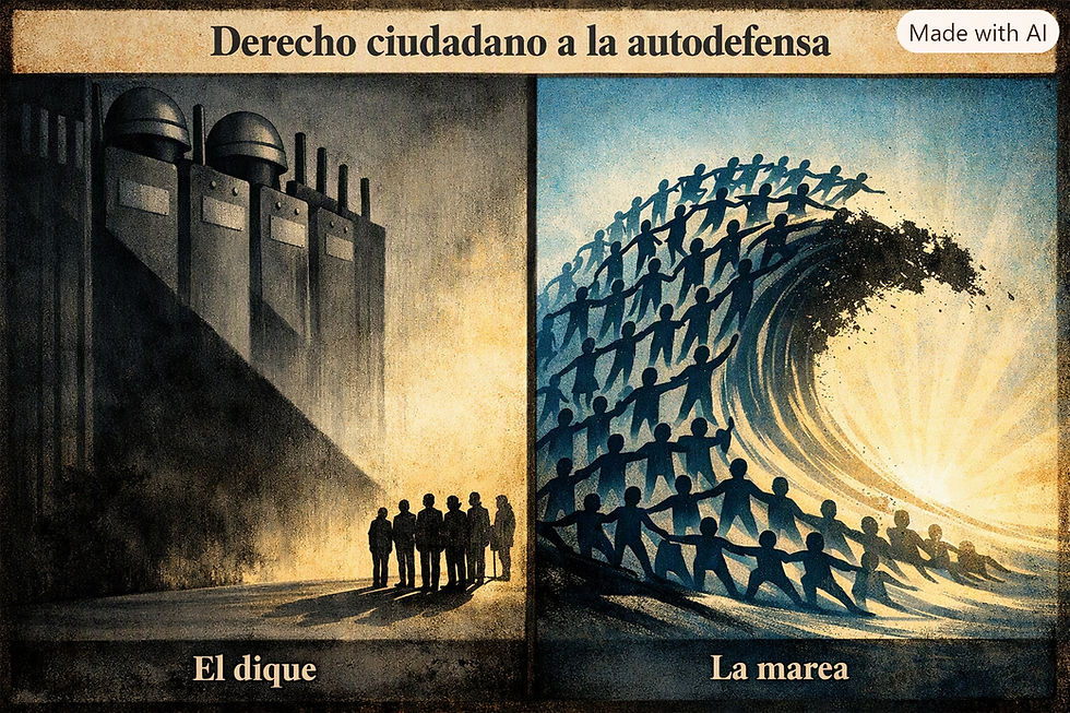 Imagen simbólica del dique que el Estado pone contra las movilizaciones sociales justas, alineándose con la represión a la que la gente responde organizzdamente ejerciendo el derecho a la autodefensa en una marea de indignación