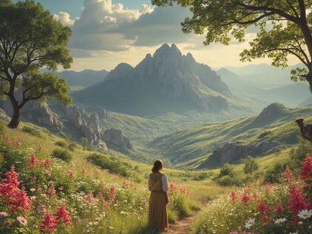 una mujer camina entre exuberante naturaleza, resucitada después de un nuevo contrato social con el Planeta