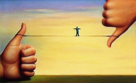 Hombre caminando sobre un hilo entre dos dedos