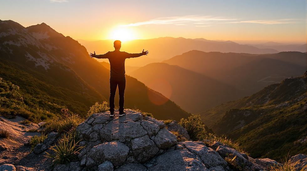 Una persona en lo alto de una cima con los brazos abiertos, inhalando la vida para transformarse