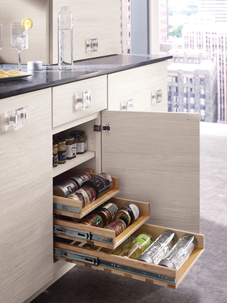 A roll out spice rack as an alternative kitchen storage solution.