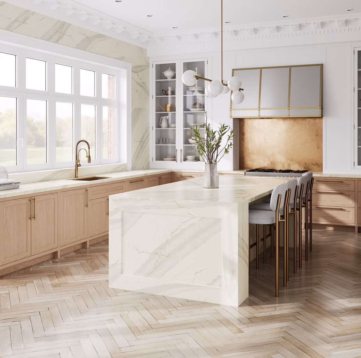A waterfall kitchen island with Cambria quartz.