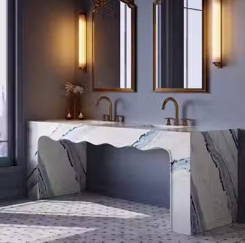 Bathroom with blue and white Cambria quartz double sink.