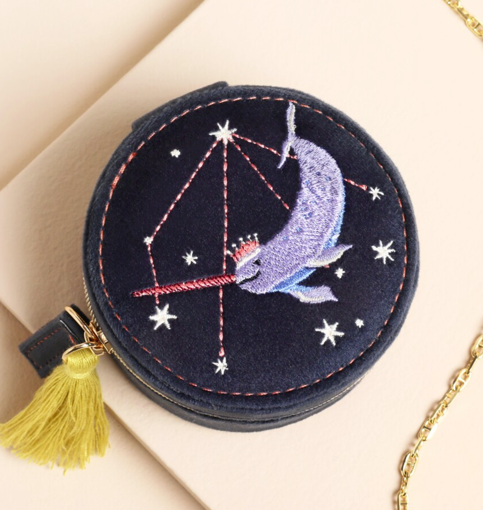Navy Narwhal Spirit Animal Velvet Round Travel Jewellery Case
