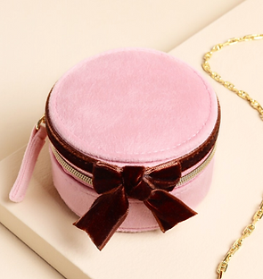 Pink and Burgundy Velvet Bow Mini Round Jewellery Case