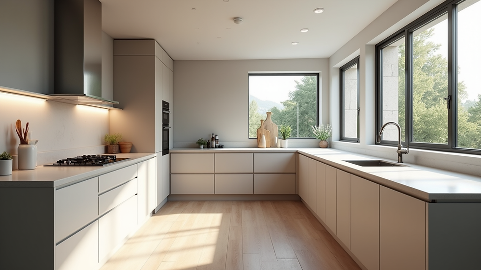 Eye-level view of a modern kitchen remodel with new cabinets and countertops