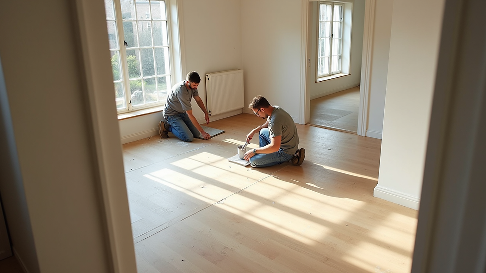 High angle view of a home renovation site with workers installing new flooring