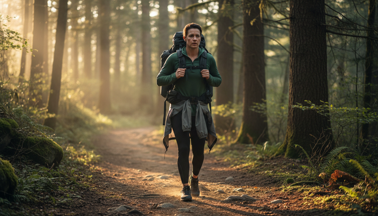 Wide-angle view of a person rucking on a wooded trail at sunrise.