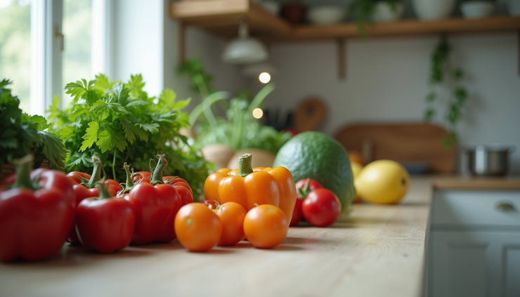 Eye-level view of a kitchen counter with organic vegetables and fruits neatly arranged