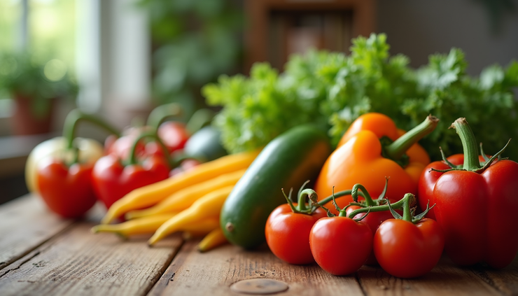 Close-up view of fresh colorful vegetables arranged on a wooden table