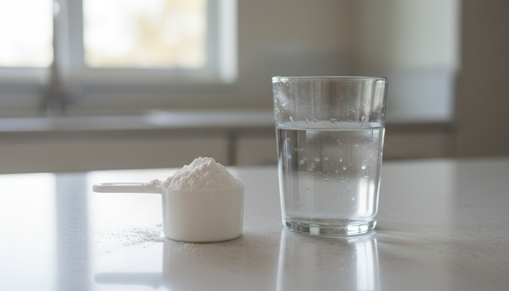 Close-up view of a white scoop of creatine monohydrate beside a glass of water