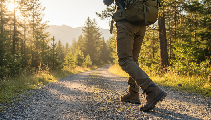 Eye-level view of hiking shoes walking on a gravel path with a loaded pack visible.