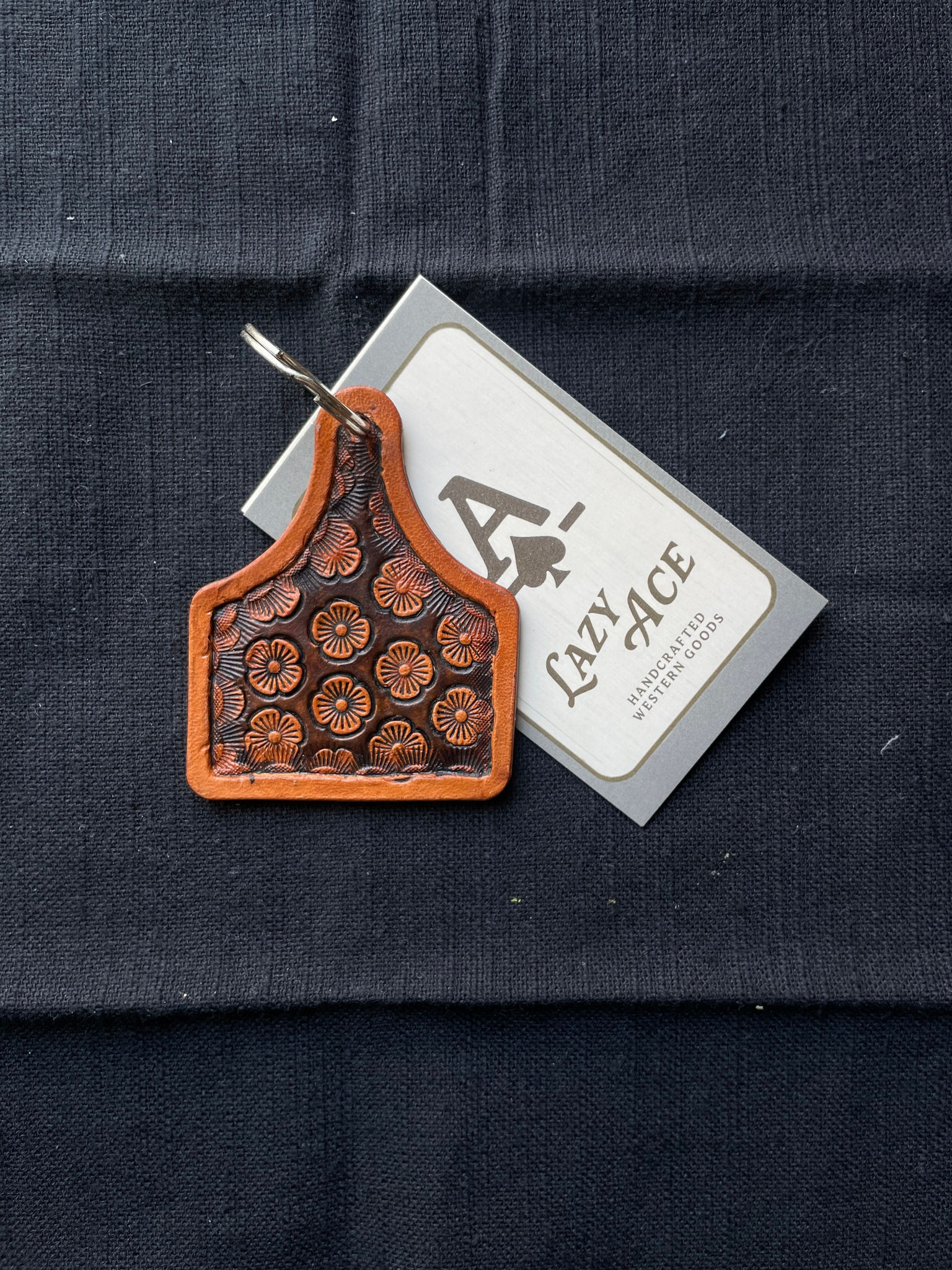 Tooled Leather Ear Tag Keychain