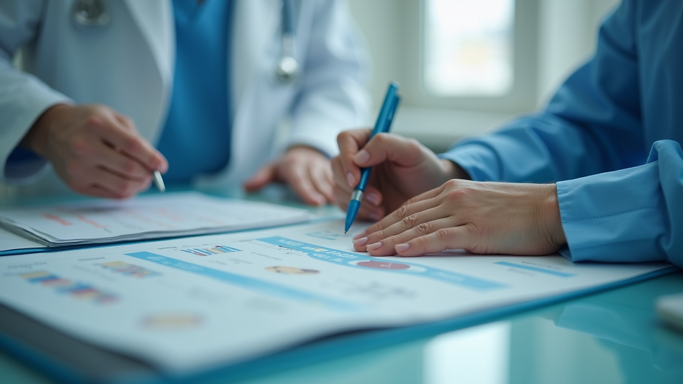 Close-up view of a medical expert reviewing patient records