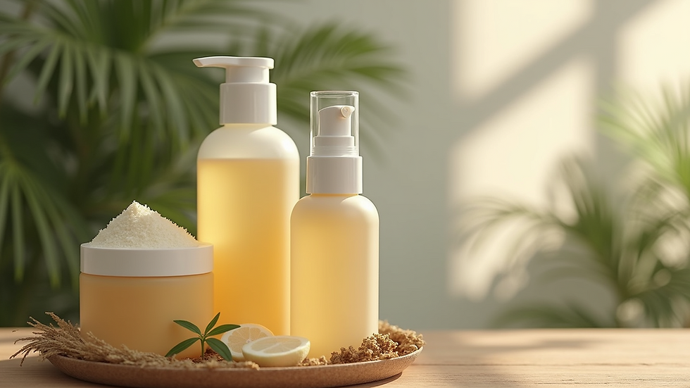Close-up view of natural skincare products arranged on wooden surface