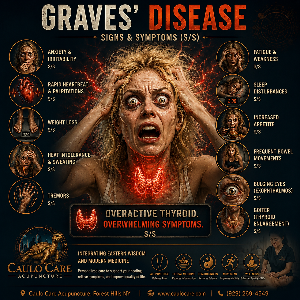 Patient with Graves’ Disease showing enlarged thyroid gland (goiter), bulging eyes, and common hyperthyroidism symptoms explained by Caulo Care Acupuncture in Forest Hills Queens NY.