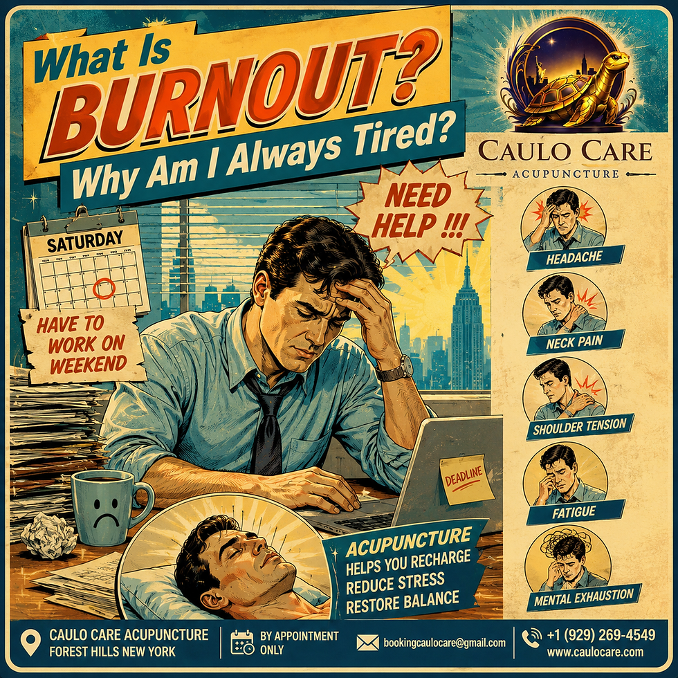 Illustration of an exhausted person sitting on a bed after sleeping eight hours, representing burnout, chronic fatigue, emotional exhaustion, and stress while highlighting acupuncture care in Forest Hills, Queens, New York.