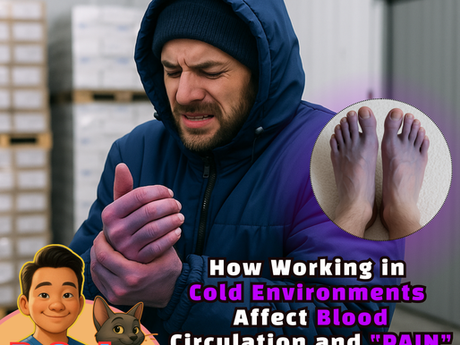 Worker experiencing cold hands and poor blood circulation due to prolonged exposure to cold temperatures in the workplace.