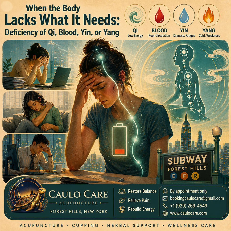 Infographic illustrating Qi, Blood, Yin, and Yang deficiency causing chronic fatigue, low energy, poor circulation, burnout, and chronic pain with acupuncture treatment at Caulo Care Acupuncture, Forest Hills, Queens, NY.