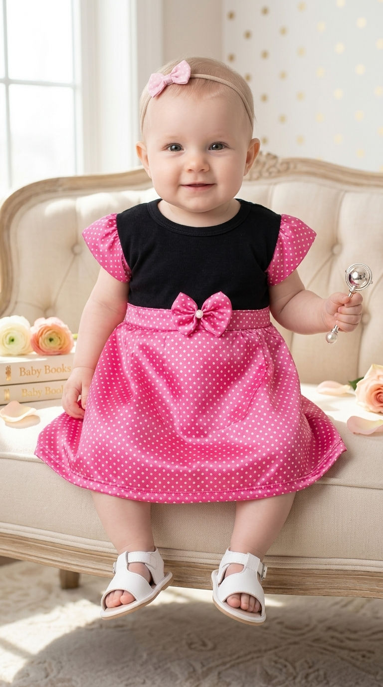 Miniatura: Vestido Bebê Menina Rosa E Preto Poá Bolinhas Festa Tam M