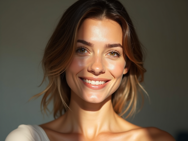 A serene-portrait-photography of a woman with a soft, natural smile, bathed in gentle ligh