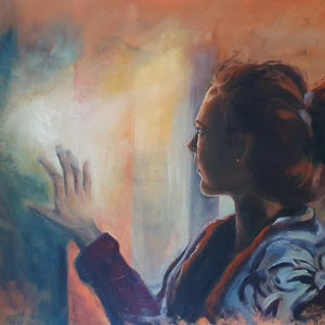 a painting of a woman looking out a window