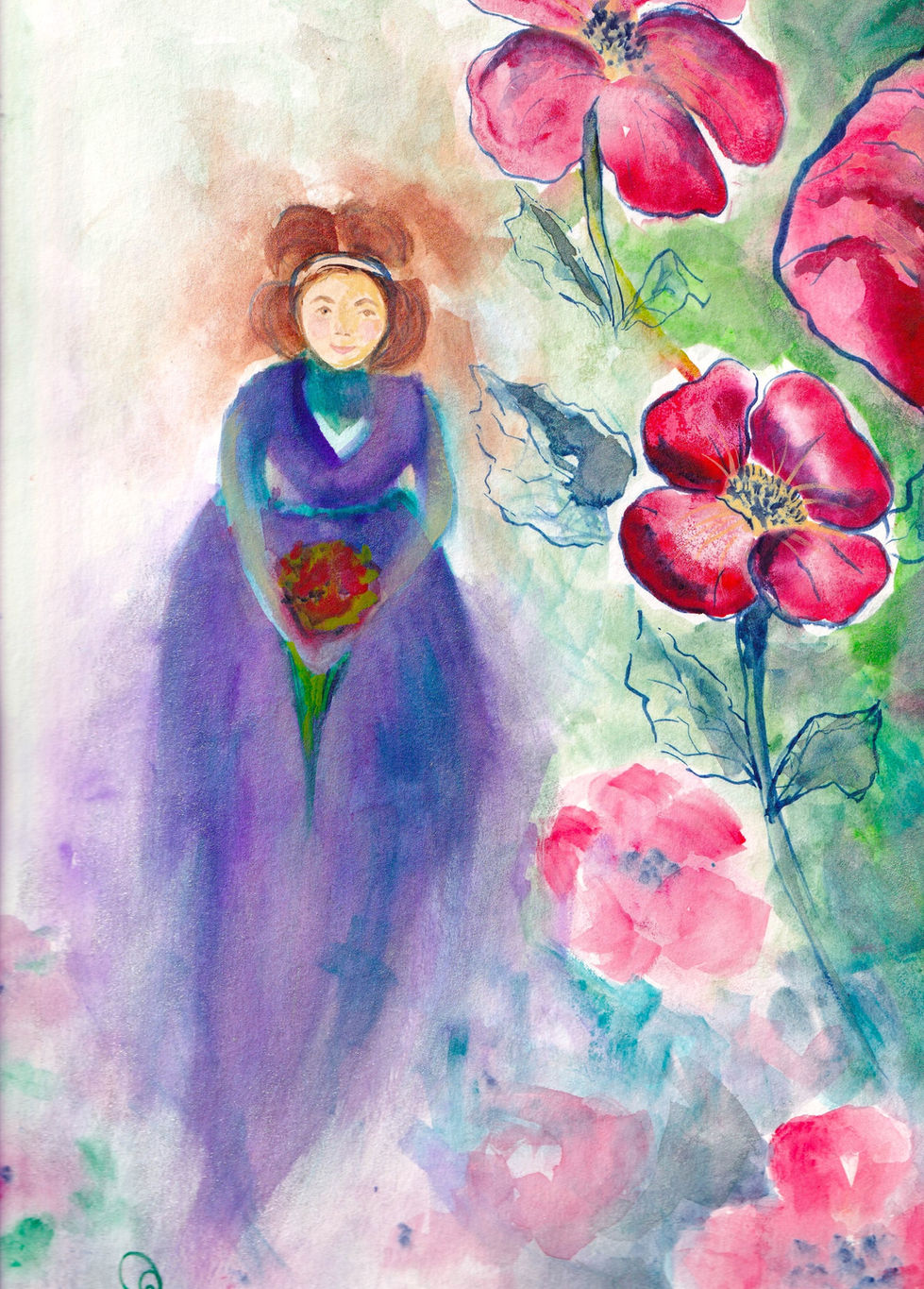 a painting of a woman in a purple dress holding a bouquet of flowers