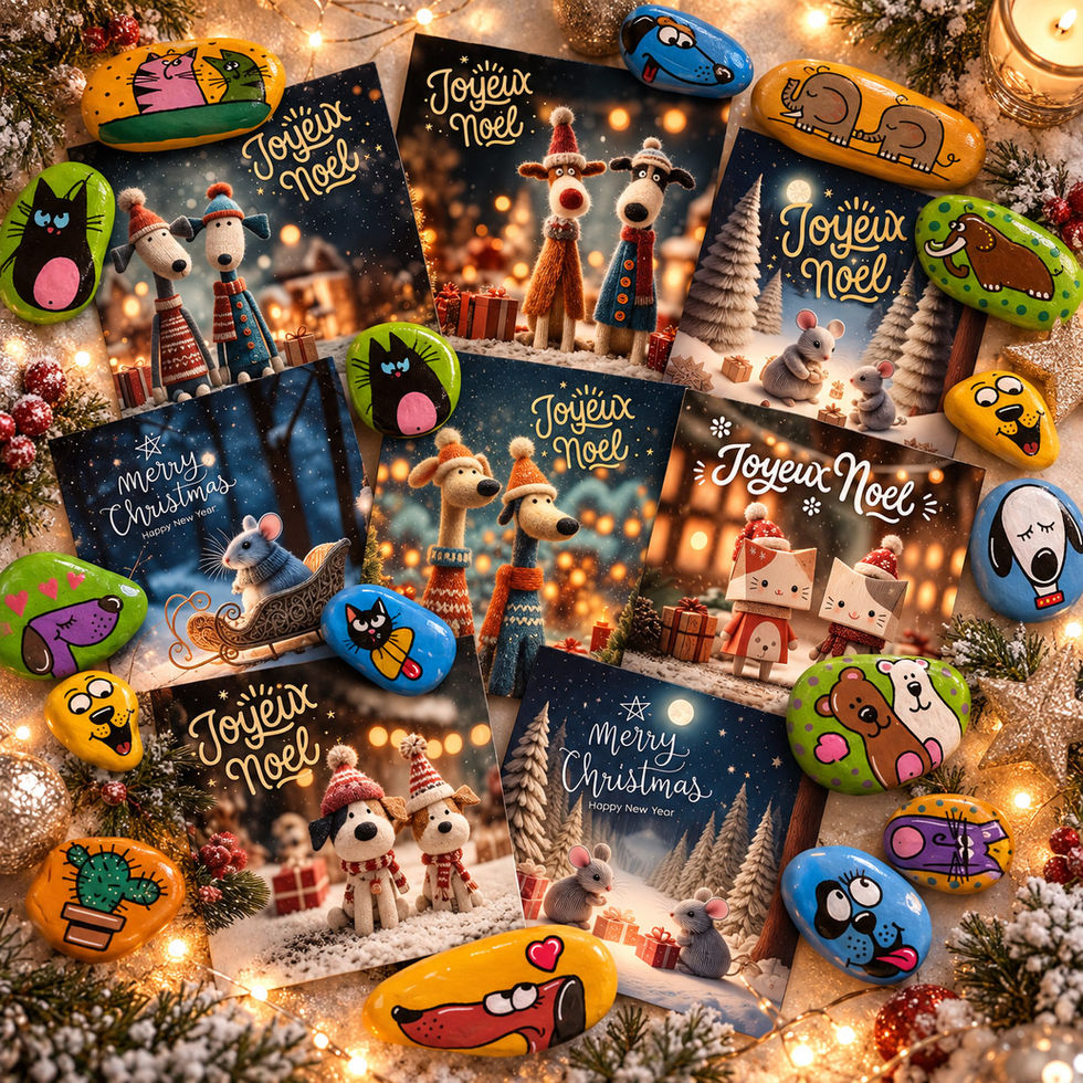 Cartes-de-Noël-et-galets-peints-festifs