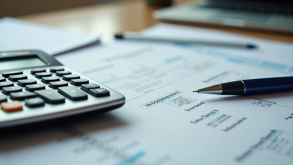 High angle view of a calculator, insurance forms, and a pen on a table
