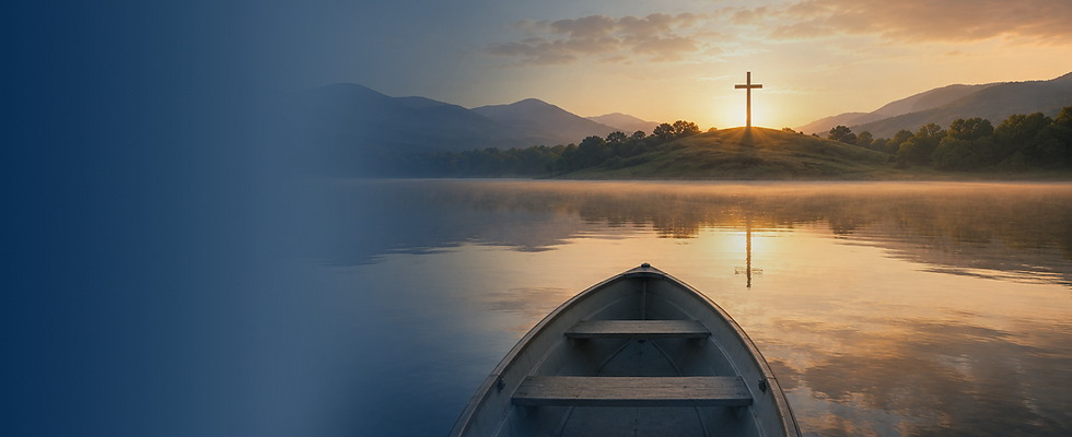 A peaceful sunrise over a calm lake with an empty boat facing a cross on a distant hillside, symbolizing hope, faith, and the journey of recovery.