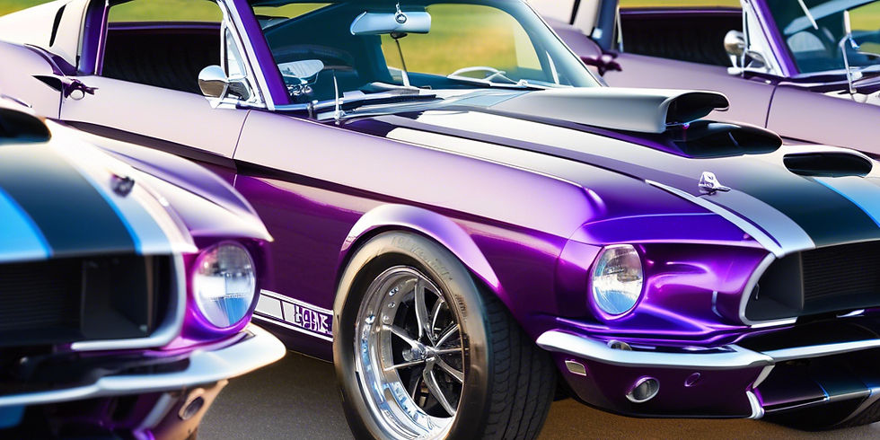 Classic Car show with Shelby Mustangs, purple, silver and blue.jpg