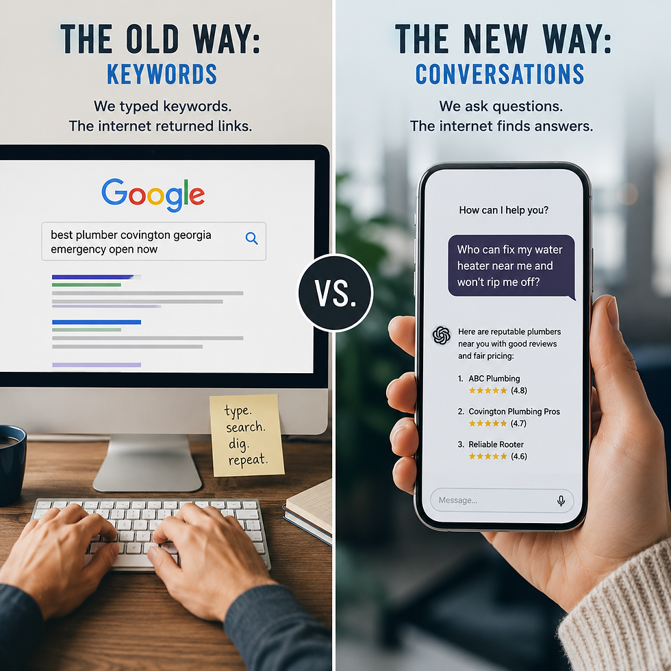 Split-screen graphic comparing old keyword searches with modern conversational search questions, illustrating how people now ask technology for answers in a more natural and human way.