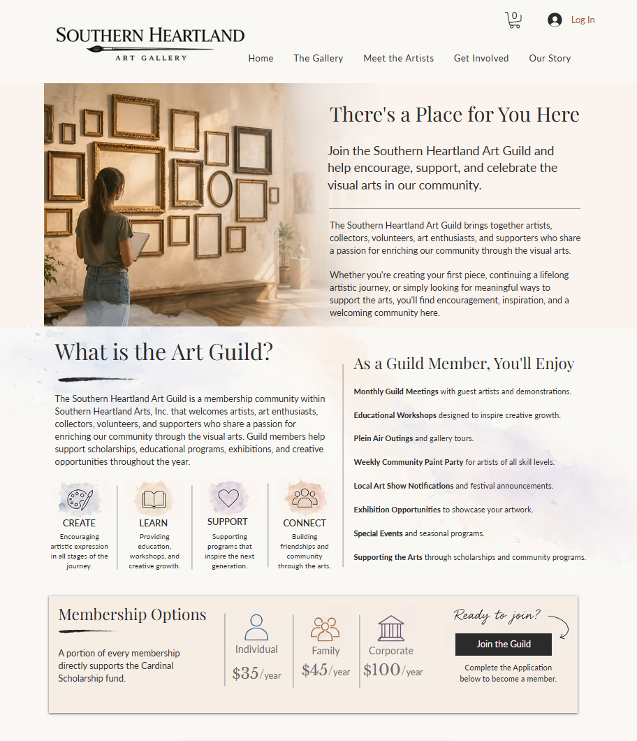 Southern Heartland Art Gallery website highlighting classes, clubs, scholarships, and community opportunities.