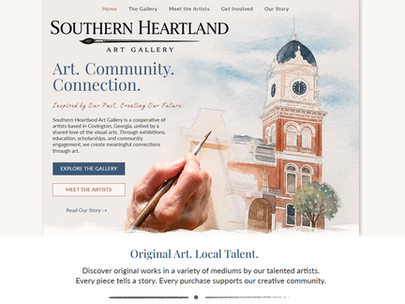 Southern Heartland Art Gallery website homepage showcasing original artwork, artist profiles, classes, and ways to get involved.