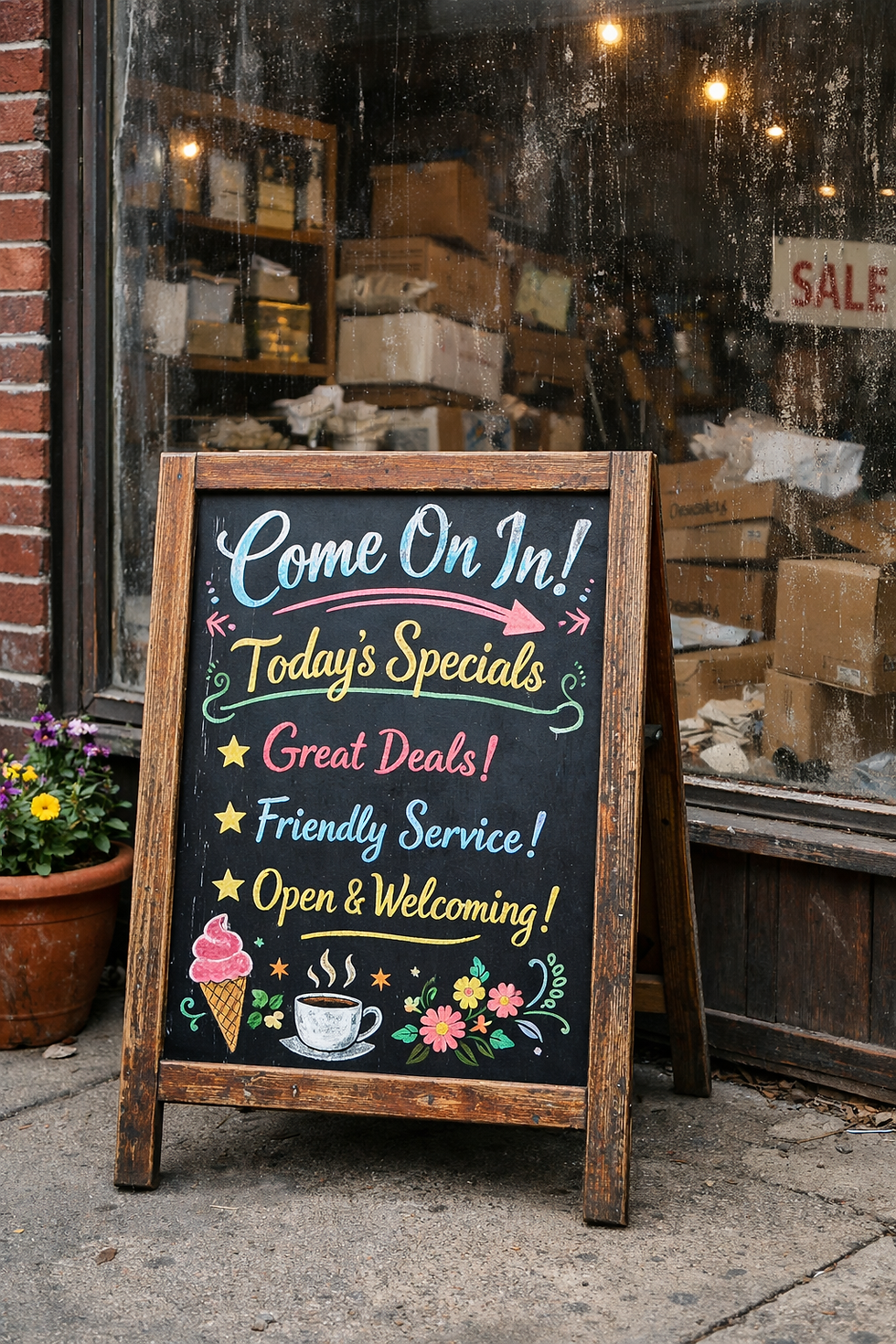 Colorful chalkboard sidewalk sign outside a small business with a messy, disorganized shop interior visible behind the door, illustrating strong marketing but poor in-store experience