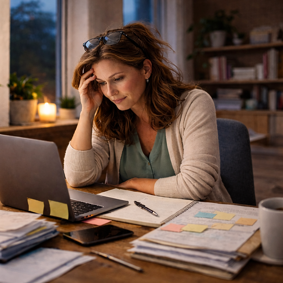 Overwhelmed small business owner sitting at a desk surrounded by paperwork and a laptop, wearing multiple hats to represent juggling too many roles