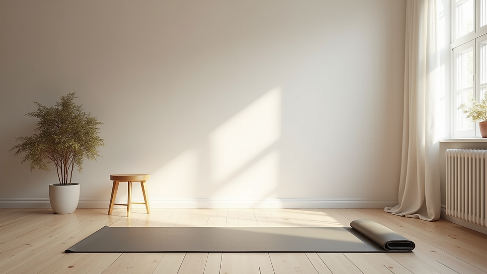 Eye-level view van een lichte woonkamer met een yogamat en een stoel klaar voor oefeningen